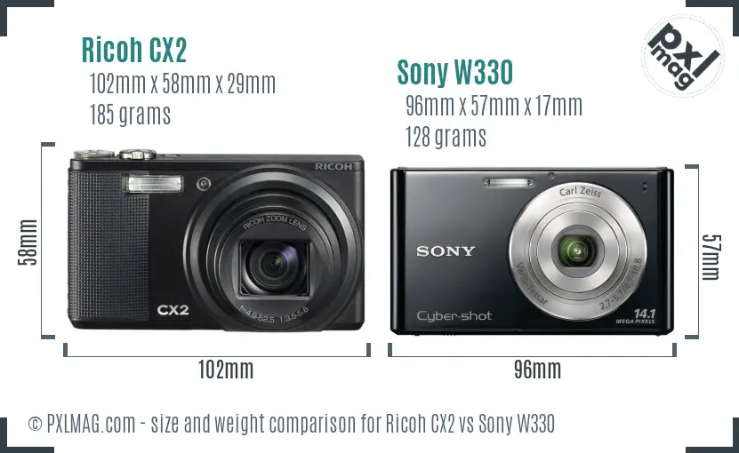 Ricoh CX2 vs Sony W330 size comparison