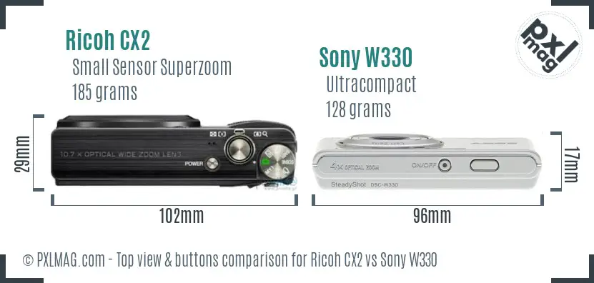 Ricoh CX2 vs Sony W330 top view buttons comparison