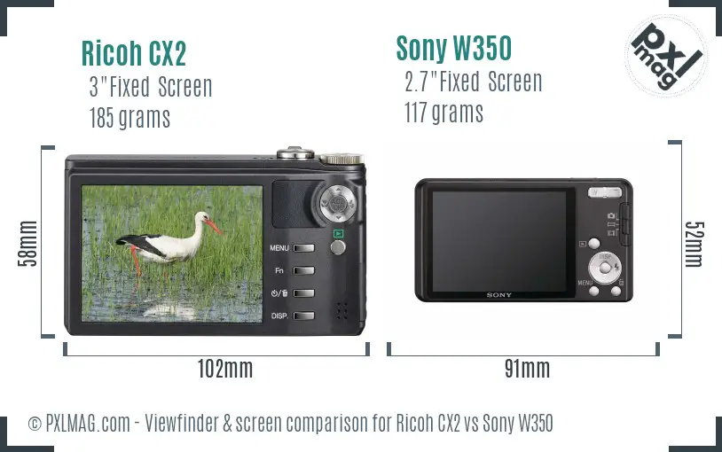Ricoh CX2 vs Sony W350 Screen and Viewfinder comparison