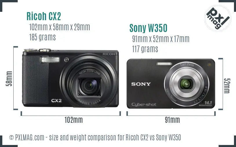 Ricoh CX2 vs Sony W350 size comparison