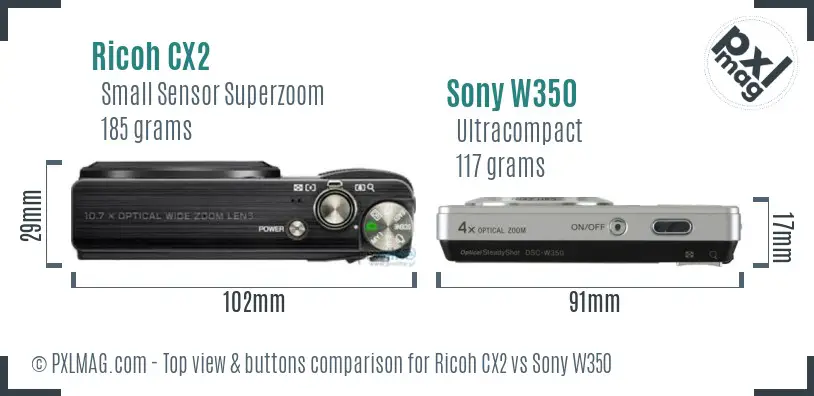 Ricoh CX2 vs Sony W350 top view buttons comparison