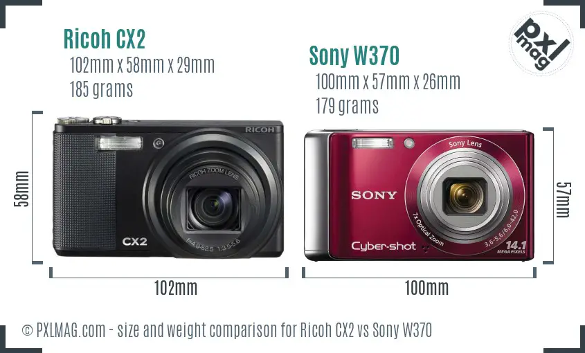 Ricoh CX2 vs Sony W370 size comparison