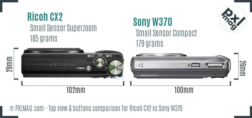 Ricoh CX2 vs Sony W370 top view buttons comparison