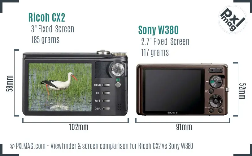 Ricoh CX2 vs Sony W380 Screen and Viewfinder comparison