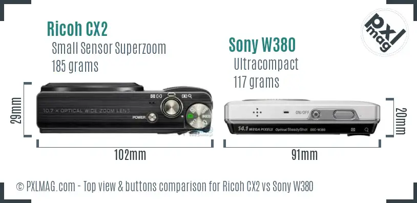 Ricoh CX2 vs Sony W380 top view buttons comparison