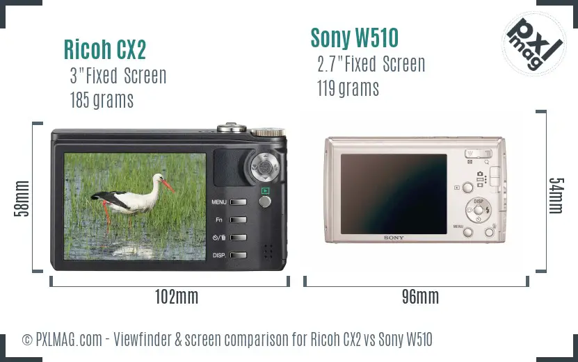 Ricoh CX2 vs Sony W510 Screen and Viewfinder comparison