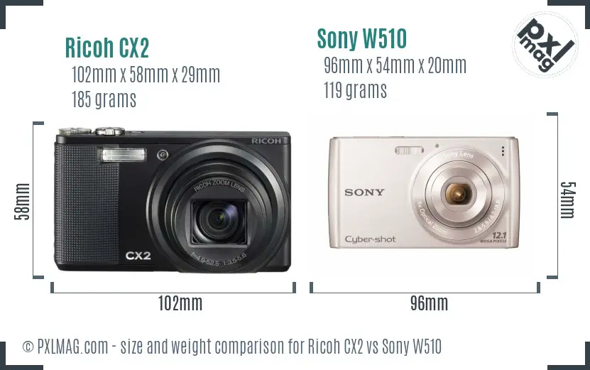 Ricoh CX2 vs Sony W510 size comparison
