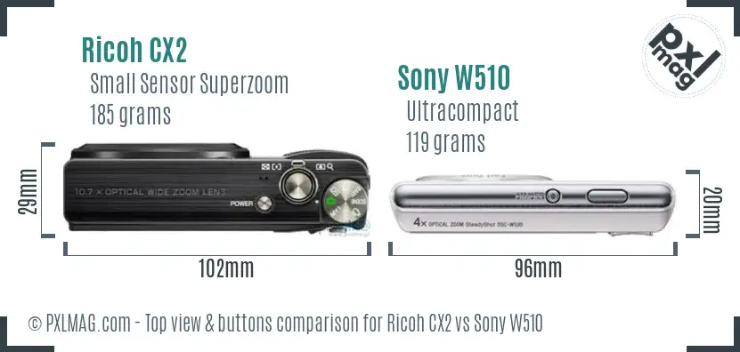 Ricoh CX2 vs Sony W510 top view buttons comparison