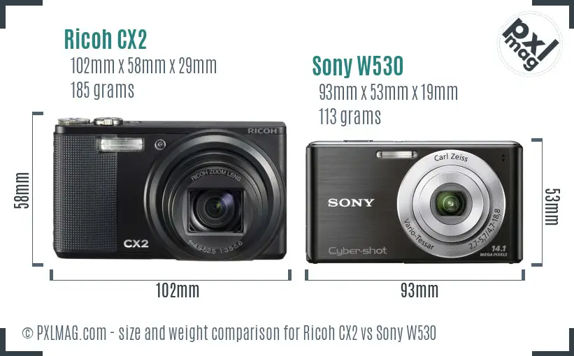 Ricoh CX2 vs Sony W530 size comparison