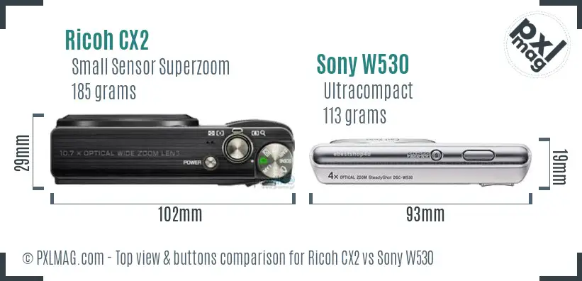 Ricoh CX2 vs Sony W530 top view buttons comparison