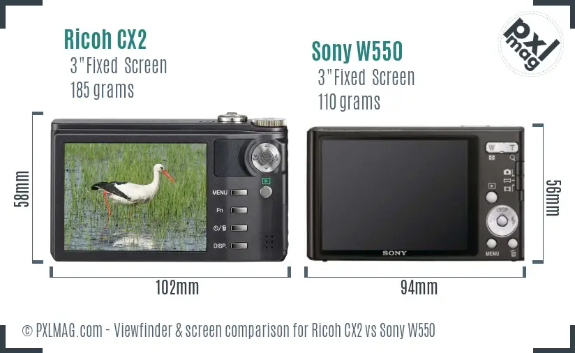 Ricoh CX2 vs Sony W550 Screen and Viewfinder comparison