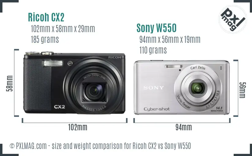 Ricoh CX2 vs Sony W550 size comparison