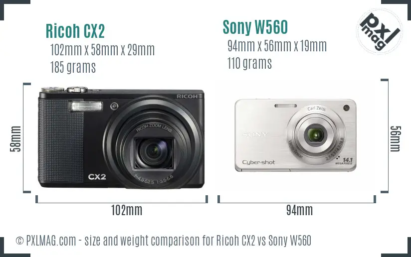 Ricoh CX2 vs Sony W560 size comparison