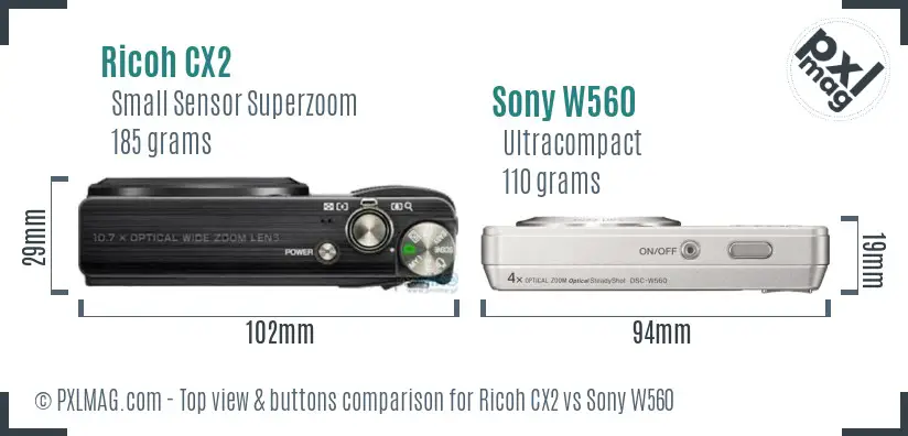 Ricoh CX2 vs Sony W560 top view buttons comparison