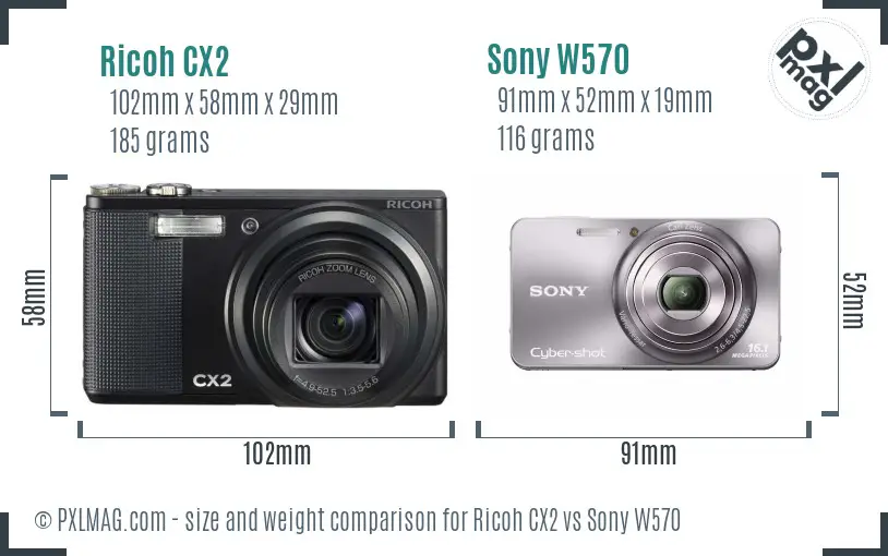 Ricoh CX2 vs Sony W570 size comparison