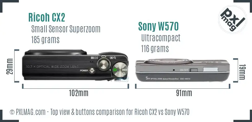 Ricoh CX2 vs Sony W570 top view buttons comparison