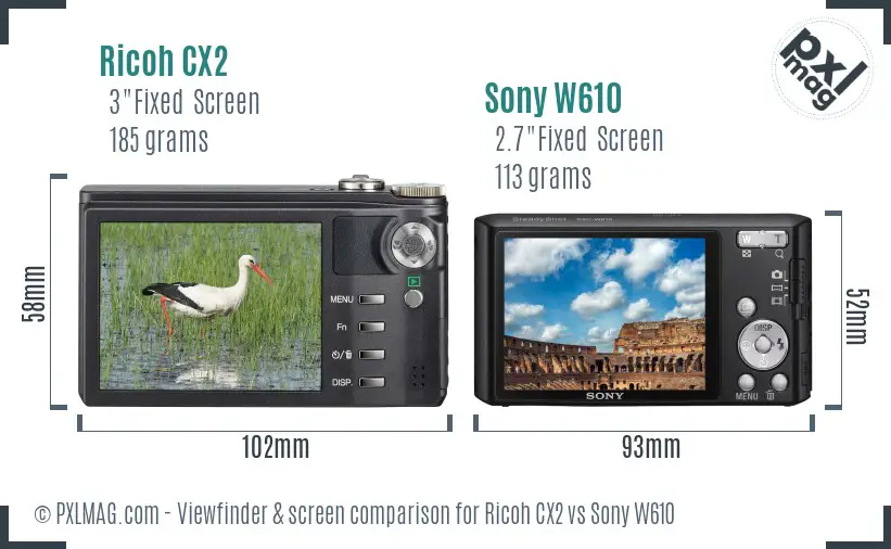 Ricoh CX2 vs Sony W610 Screen and Viewfinder comparison