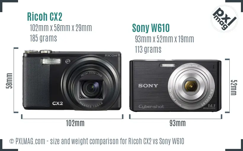 Ricoh CX2 vs Sony W610 size comparison