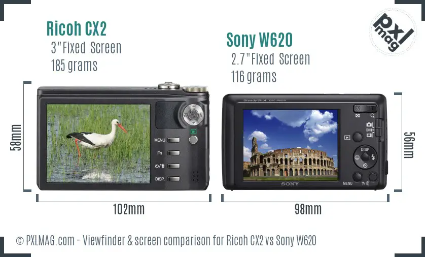 Ricoh CX2 vs Sony W620 Screen and Viewfinder comparison