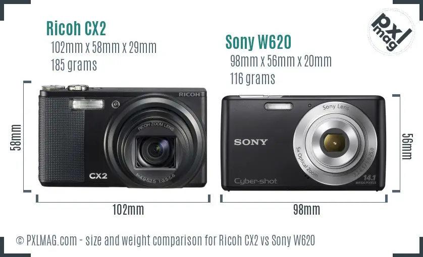 Ricoh CX2 vs Sony W620 size comparison