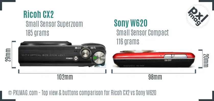 Ricoh CX2 vs Sony W620 top view buttons comparison