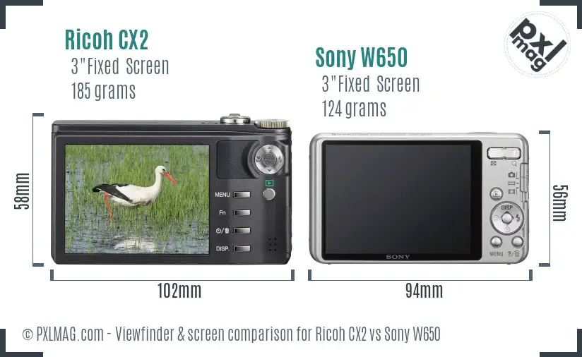 Ricoh CX2 vs Sony W650 Screen and Viewfinder comparison