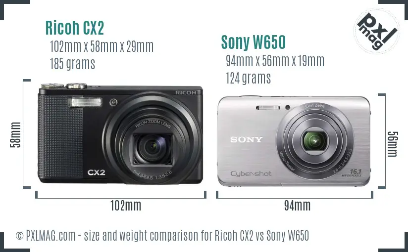 Ricoh CX2 vs Sony W650 size comparison