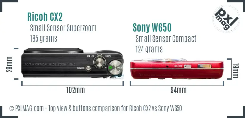 Ricoh CX2 vs Sony W650 top view buttons comparison