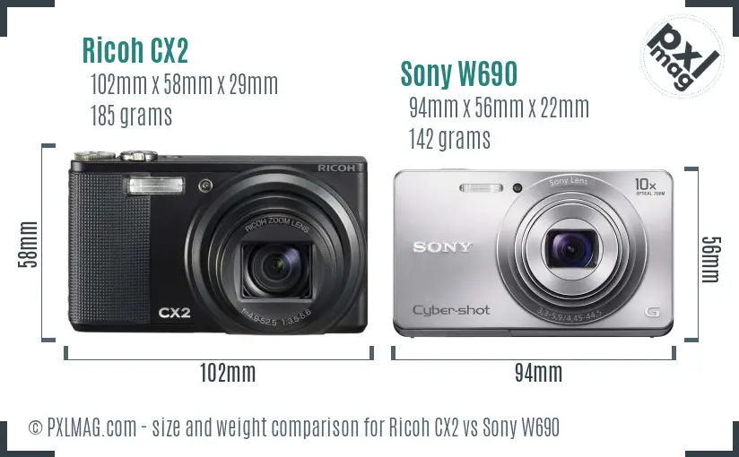 Ricoh CX2 vs Sony W690 size comparison