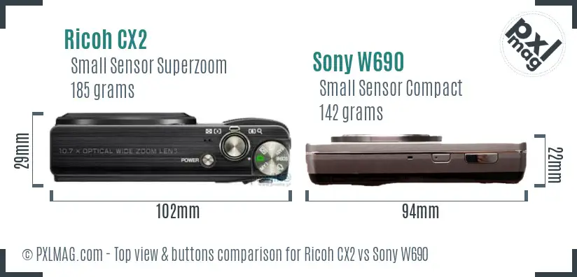 Ricoh CX2 vs Sony W690 top view buttons comparison