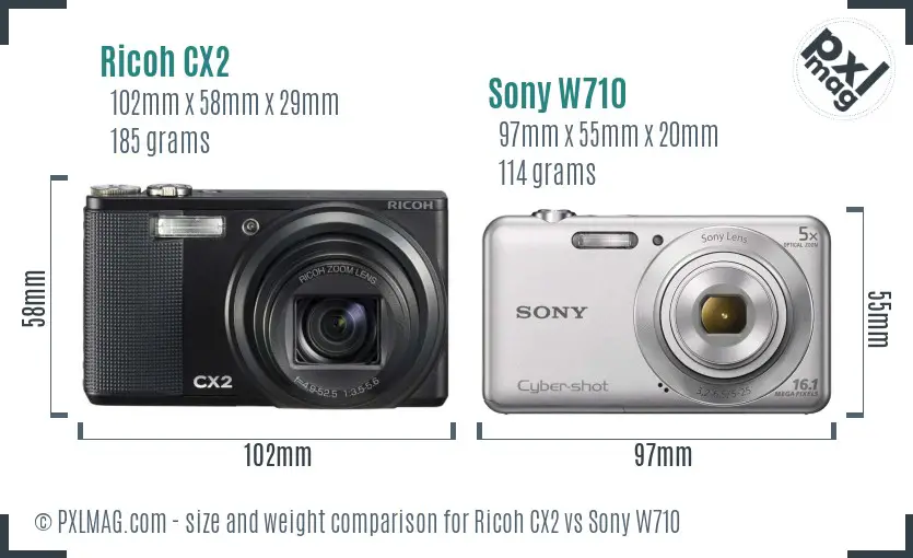 Ricoh CX2 vs Sony W710 size comparison