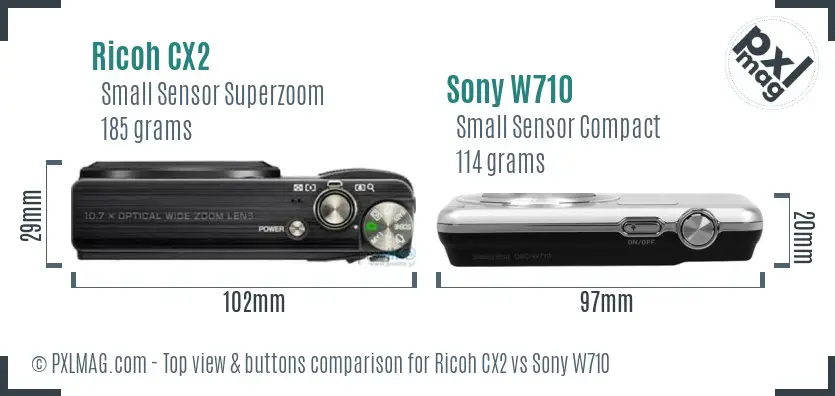 Ricoh CX2 vs Sony W710 top view buttons comparison