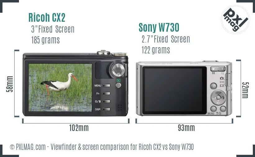 Ricoh CX2 vs Sony W730 Screen and Viewfinder comparison