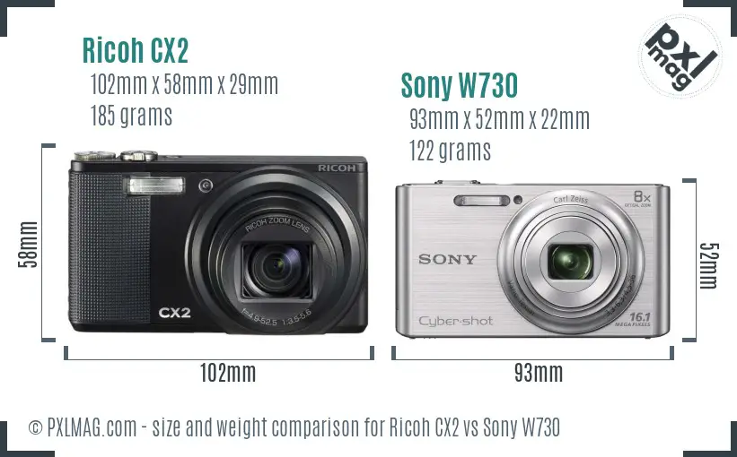 Ricoh CX2 vs Sony W730 size comparison