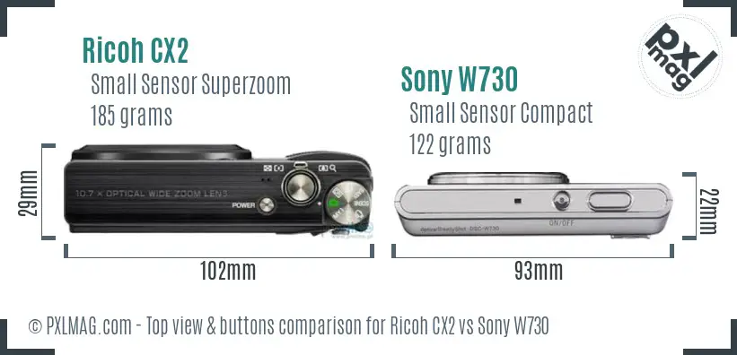 Ricoh CX2 vs Sony W730 top view buttons comparison