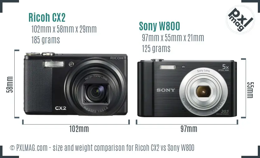 Ricoh CX2 vs Sony W800 size comparison