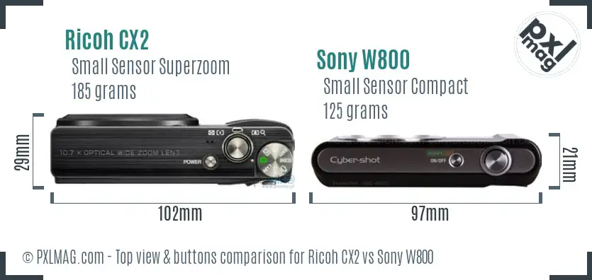 Ricoh CX2 vs Sony W800 top view buttons comparison