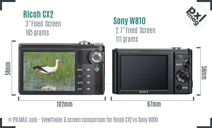 Ricoh CX2 vs Sony W810 Screen and Viewfinder comparison