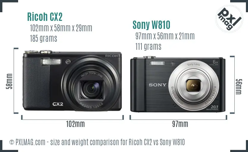 Ricoh CX2 vs Sony W810 size comparison