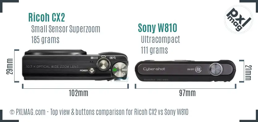 Ricoh CX2 vs Sony W810 top view buttons comparison