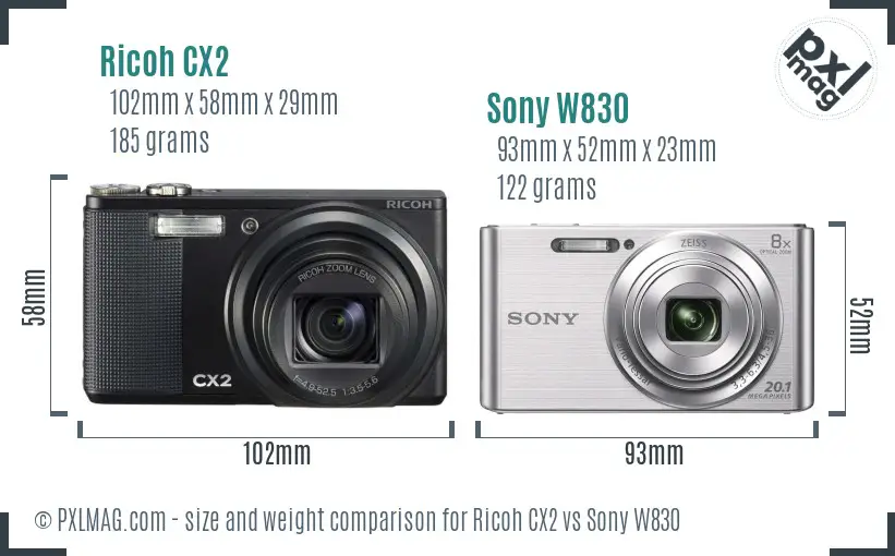 Ricoh CX2 vs Sony W830 size comparison