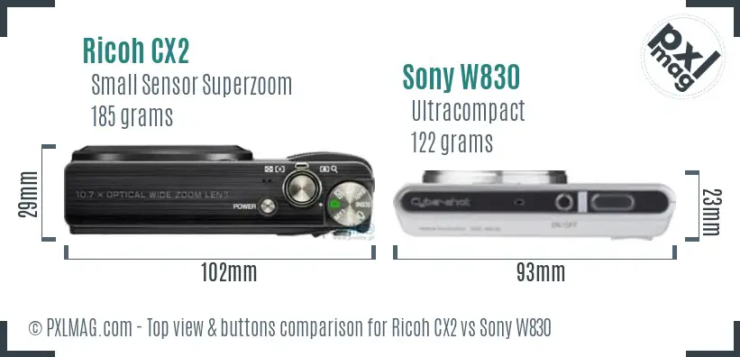 Ricoh CX2 vs Sony W830 top view buttons comparison