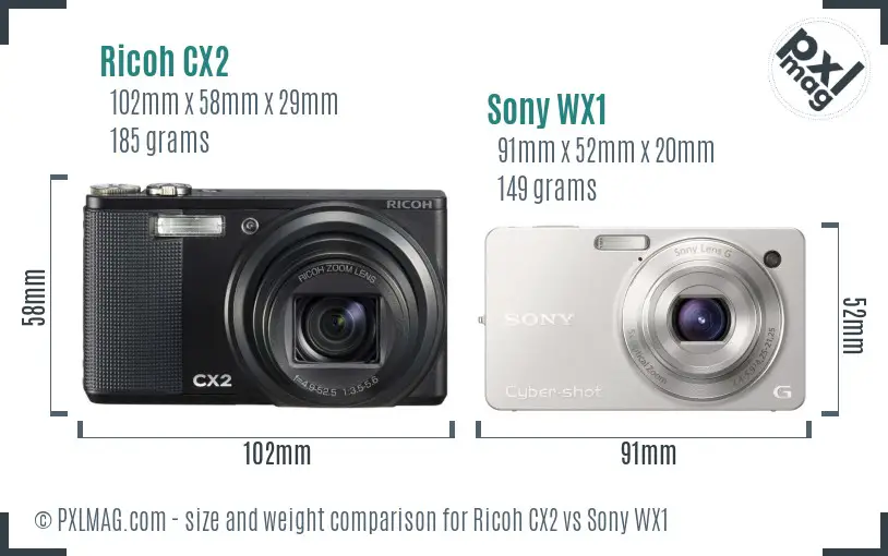 Ricoh CX2 vs Sony WX1 size comparison