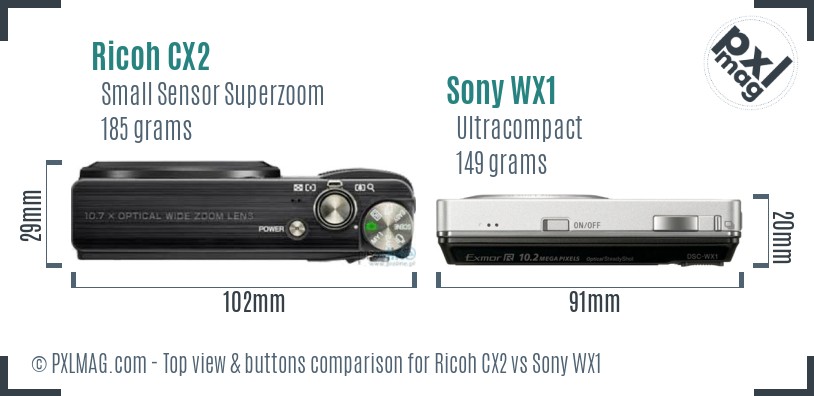 Ricoh CX2 vs Sony WX1 top view buttons comparison