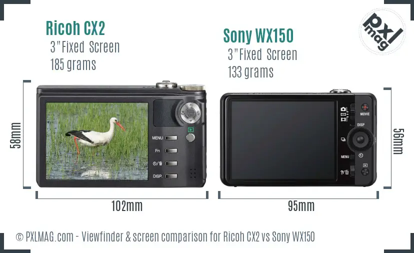 Ricoh CX2 vs Sony WX150 Screen and Viewfinder comparison