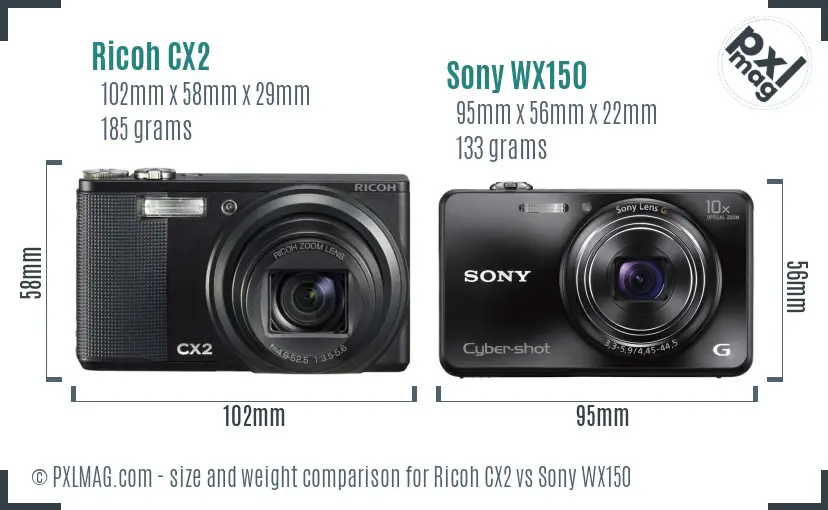 Ricoh CX2 vs Sony WX150 size comparison