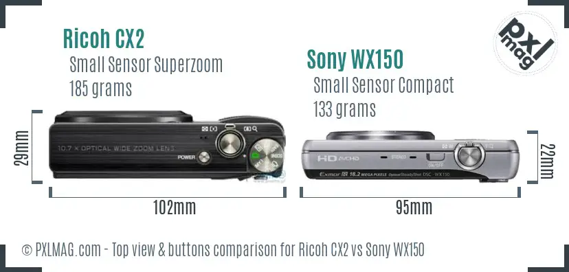 Ricoh CX2 vs Sony WX150 top view buttons comparison