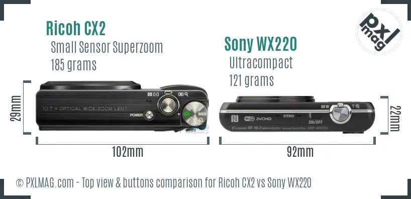 Ricoh CX2 vs Sony WX220 top view buttons comparison Ricoh CX2 vs Sony WX220 top view buttons comparison