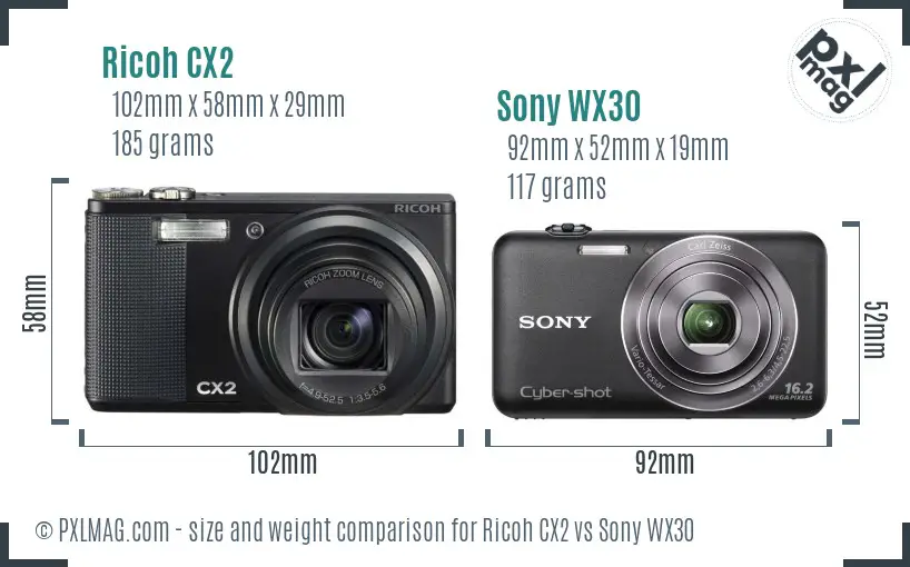 Ricoh CX2 vs Sony WX30 size comparison