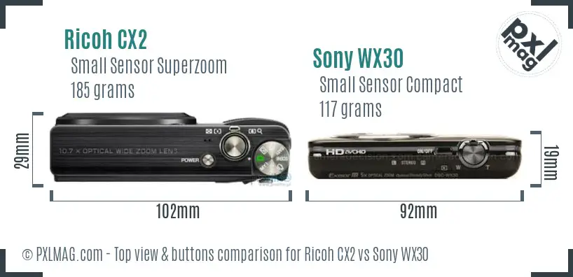 Ricoh CX2 vs Sony WX30 top view buttons comparison